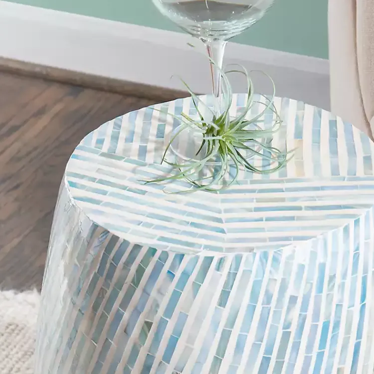 Kirklands Home Blue and White Mosaic Capiz Shell Drum End Table Discount