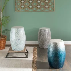 Kirklands Home Blue and White Mosaic Capiz Shell Drum End Table Discount
