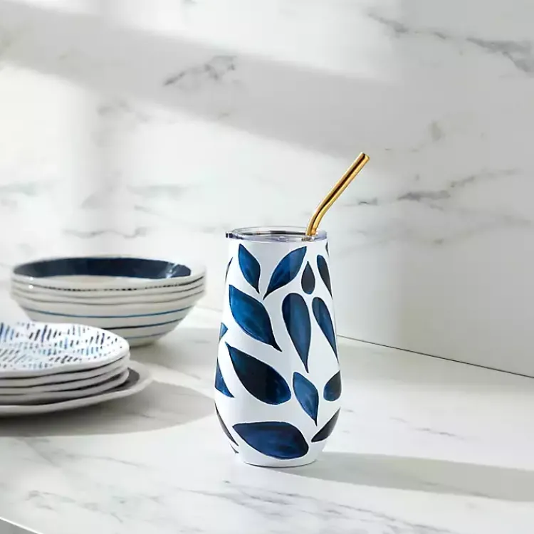 Kirklands Home Bay Leaf Insulated Wine Tumbler Blue Hot