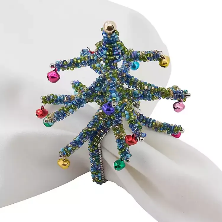Kirklands Home Blue Beaded Christmas Tree Napkin Rings, Set of 4 Outlet