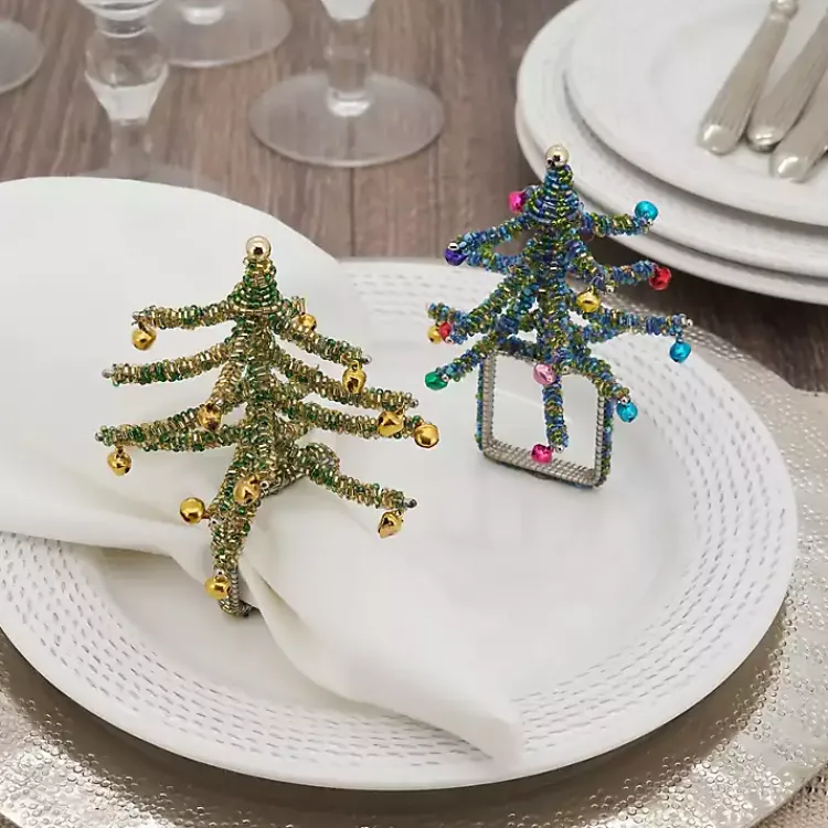 Kirklands Home Blue Beaded Christmas Tree Napkin Rings, Set of 4 Outlet