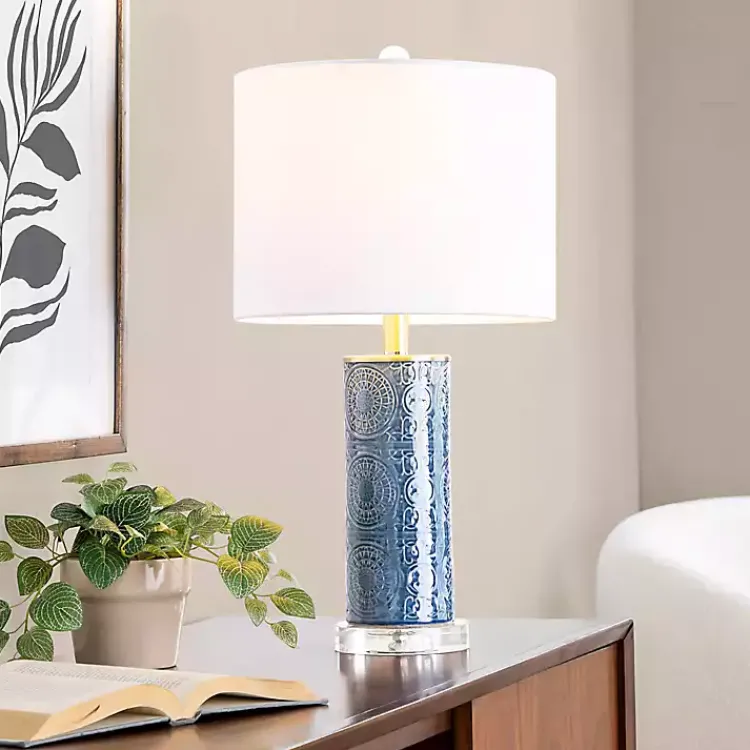 Kirklands Home Blue Ceramic Embossed Spiro Table Lamp White Discount
