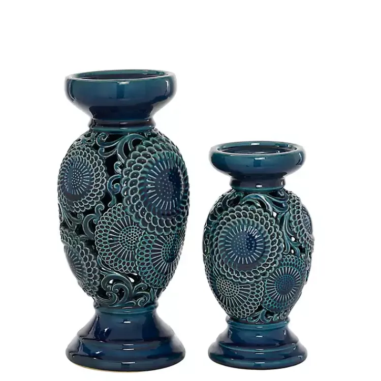 Candle Holders>Kirklands Home Ceramic Tiered Base Candle Holders, Set of 2 Blue