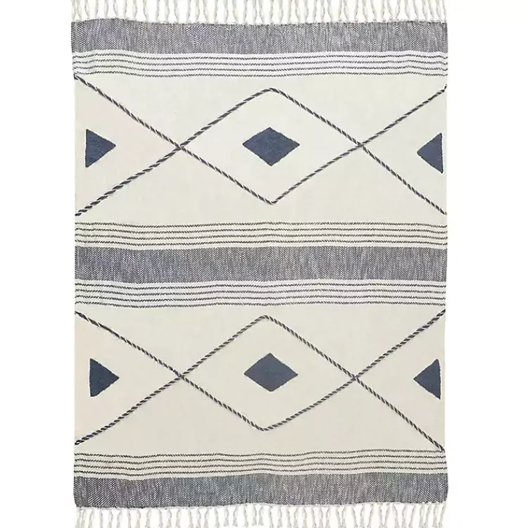 Blankets & Throws>Kirklands Home Cotton Diamond Geometric Fringe Throw Blue