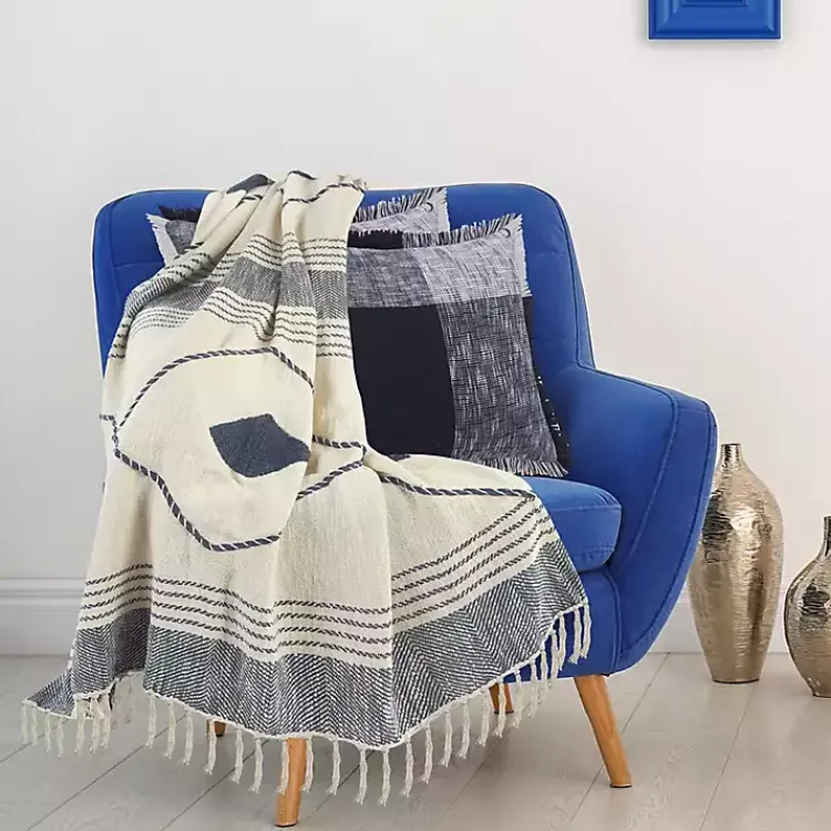 Blankets & Throws>Kirklands Home Cotton Diamond Geometric Fringe Throw Blue