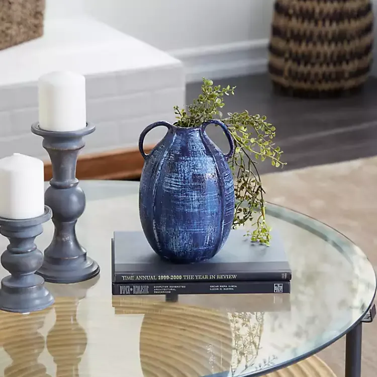 Vases>Kirklands Home Crosshatch Double Handle Ceramic Vase, 9 in. Blue