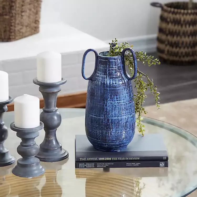Vases>Kirklands Home Crosshatch Triple Handle Ceramic Vase, 13 in. Blue