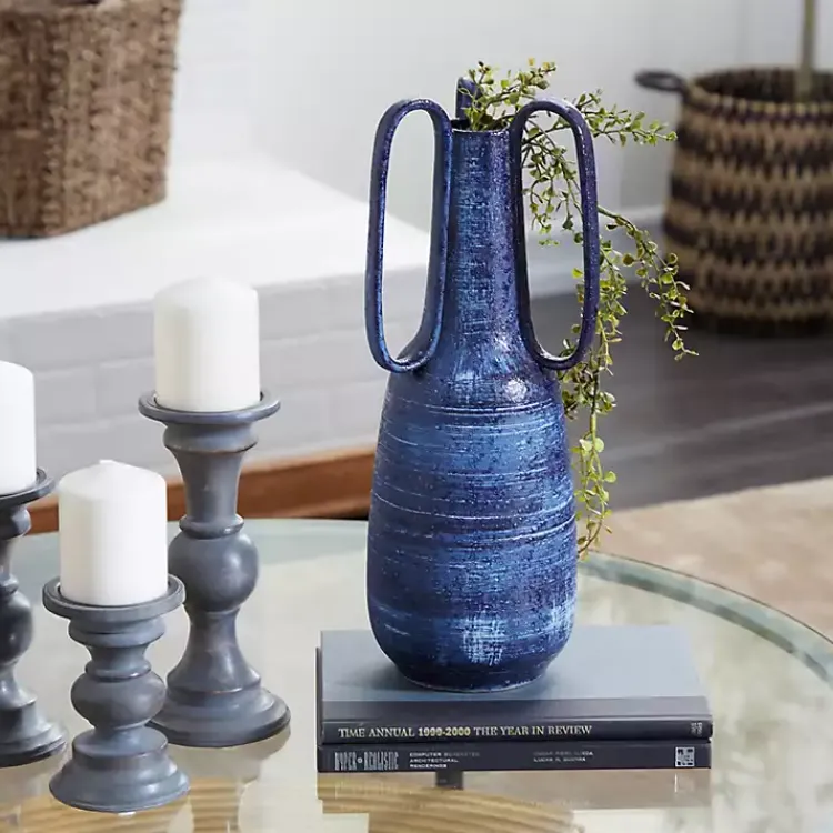 Vases>Kirklands Home Crosshatch Triple Handle Ceramic Vase, 17 in. Blue