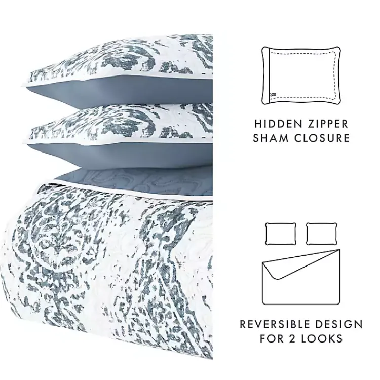 Kirklands Home Blue Damask Reversible 3-pc. Queen Quilt Set Hot