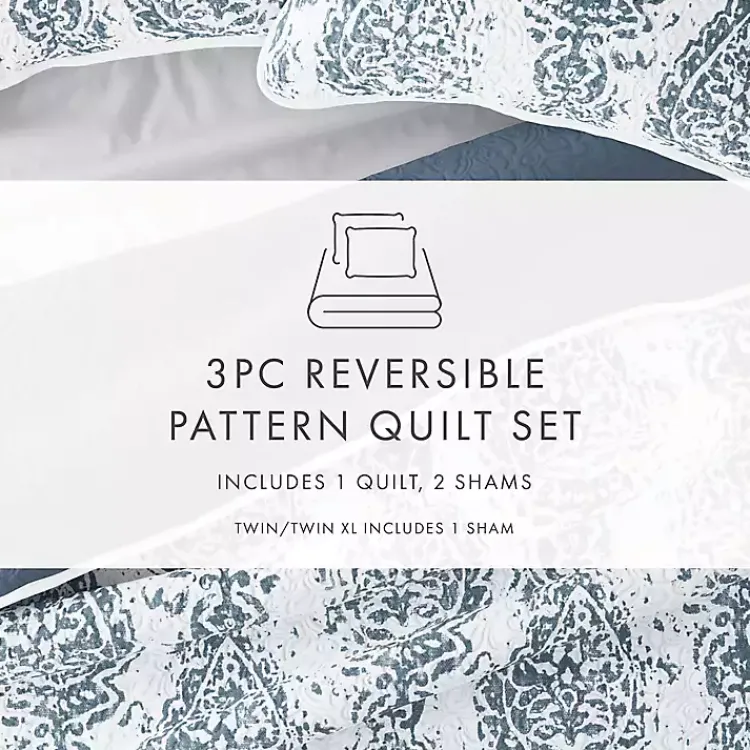 Kirklands Home Blue Damask Reversible 3-pc. King Quilt Set