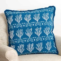 Pillows>Kirklands Home Embroidered Coral Pillow Blue