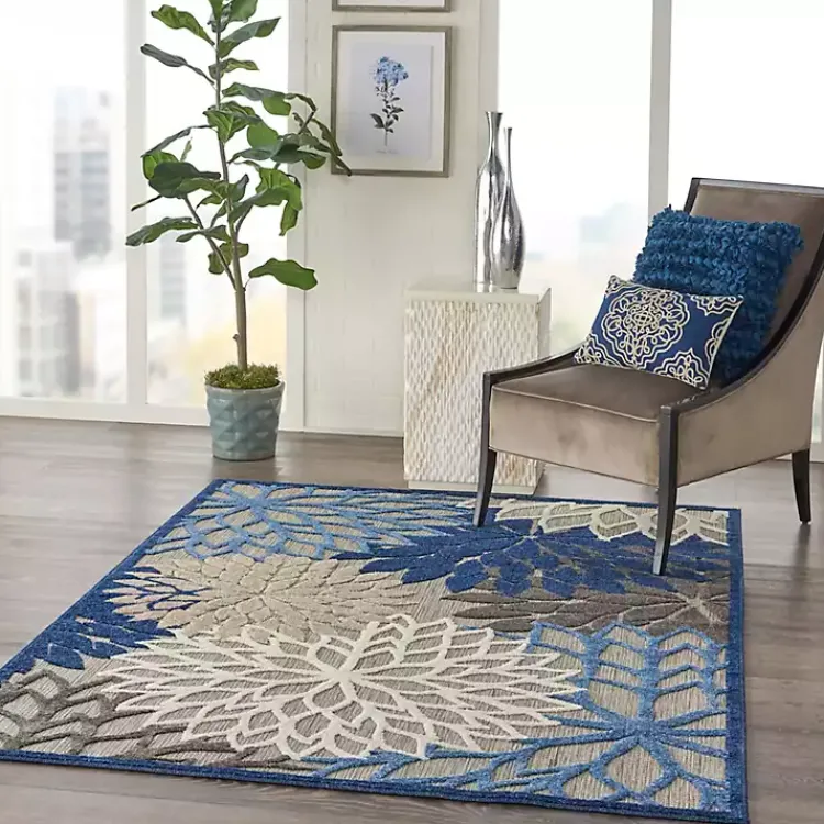 Kirklands Home Blue Floral Burst Outdoor Area Rug, 6x9 Hot