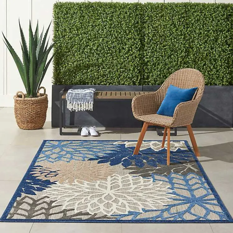 Kirklands Home Blue Floral Burst Outdoor Area Rug, 6x9 Hot