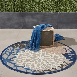 Kirklands Home Blue Floral Burst Round Outdoor Area Rug, 5x5 Best