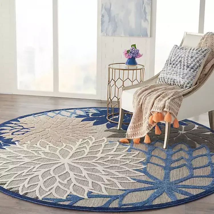 Kirklands Home Blue Floral Burst Round Outdoor Area Rug, 7x7 Outlet
