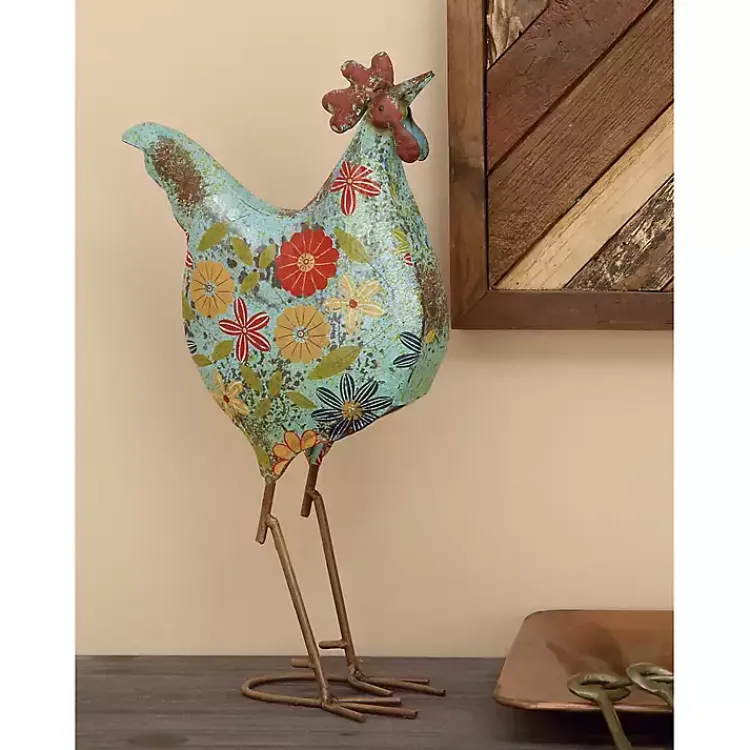 Kirklands Home Blue Floral Metal Rooster Statue New