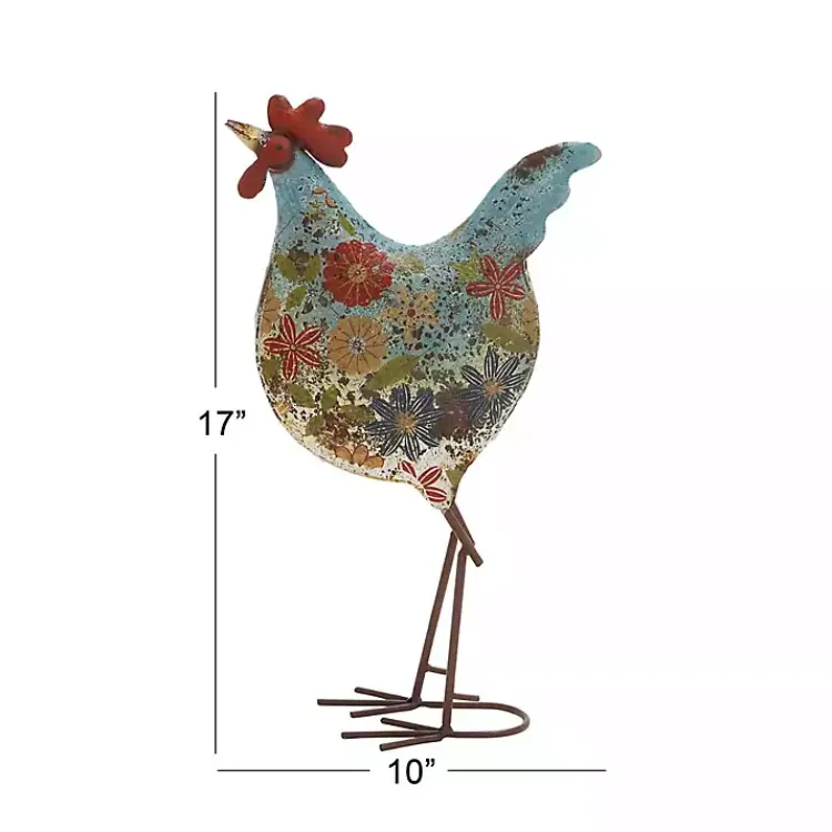 Kirklands Home Blue Floral Metal Rooster Statue New