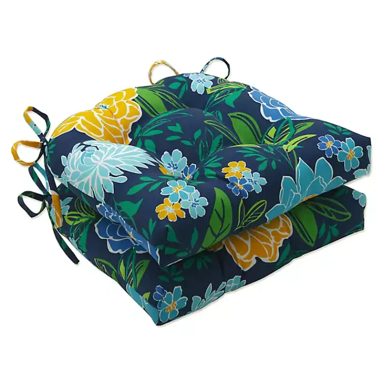 Kirklands Home Blue Floral Tufted Outdoor Seat Cushions, Set of 2 Outlet