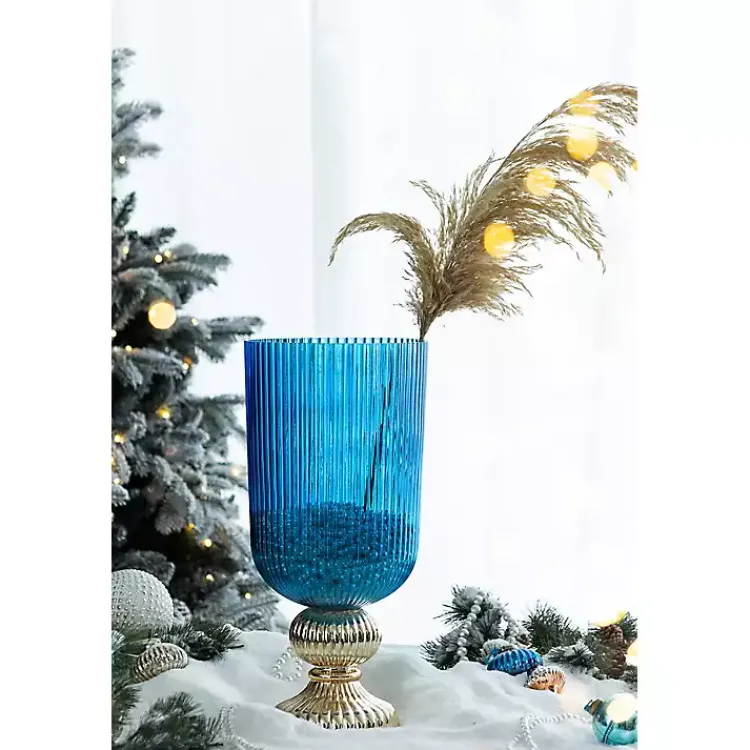 Vases>Kirklands Home Glass Vase with Silver Pedestal Base, 20 in. Blue
