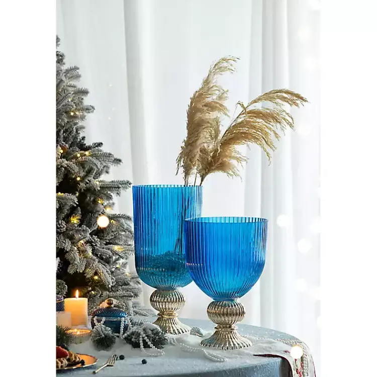 Vases>Kirklands Home Glass Vase with Silver Pedestal Base, 20 in. Blue