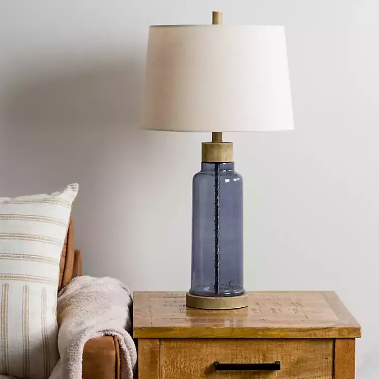 Kirklands Home Blue Glass with Wood Trim Table Lamp Ivory Online