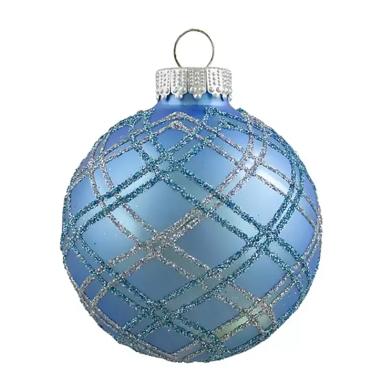 Christmas Ornaments>Kirklands Home Glitter Plaid Glass Ornaments, Set of 4 Blue