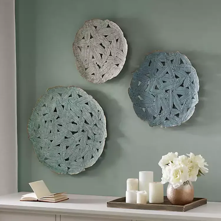 Kirklands Home Metal Feather Round Wall Plaques, Set of 3 Blue Hot