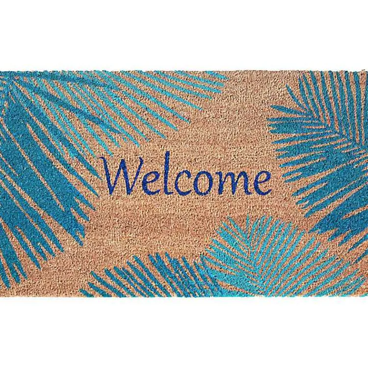 Kirklands Home Blue Palm Fronds Welcome Coir Doormat New