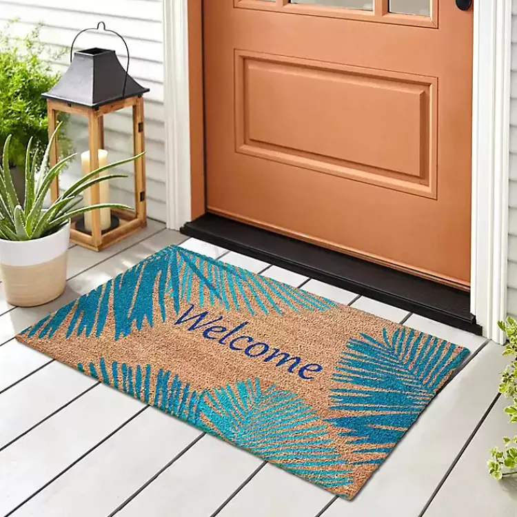 Kirklands Home Blue Palm Fronds Welcome Coir Doormat New