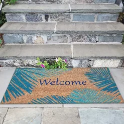 Kirklands Home Blue Palm Fronds Welcome Coir Doormat New