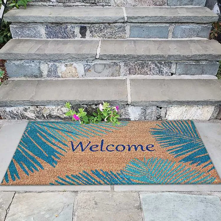 Kirklands Home Blue Palm Fronds Welcome Coir Doormat New