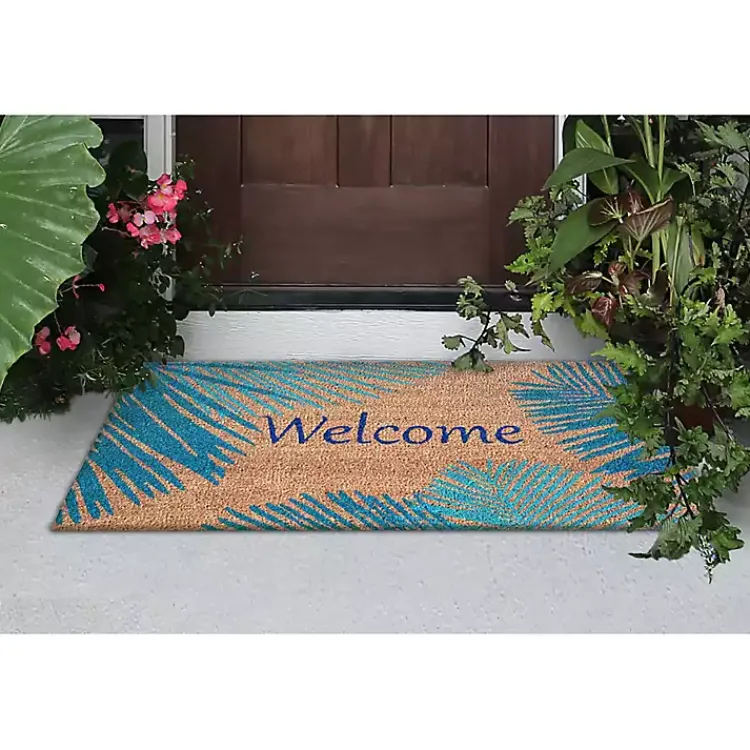 Kirklands Home Blue Palm Fronds Welcome Coir Doormat New