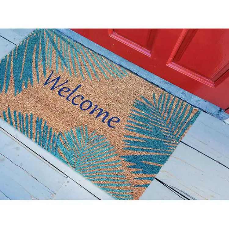 Kirklands Home Blue Palm Fronds Welcome Coir Doormat New