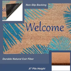 Kirklands Home Blue Palm Fronds Welcome Coir Doormat New