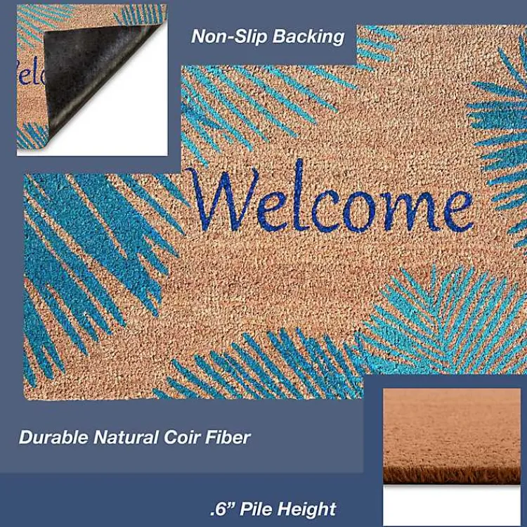 Kirklands Home Blue Palm Fronds Welcome Coir Doormat New