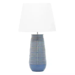 Kirklands Home Blue Ribbed Stoneware Table Lamp White New