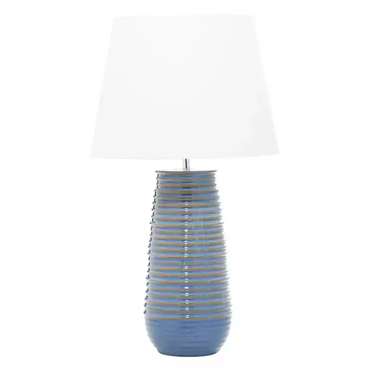 Kirklands Home Blue Ribbed Stoneware Table Lamp White New