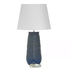Kirklands Home Blue Ribbed Stoneware Table Lamp White New