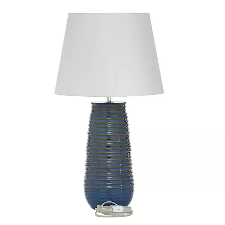 Kirklands Home Blue Ribbed Stoneware Table Lamp White New