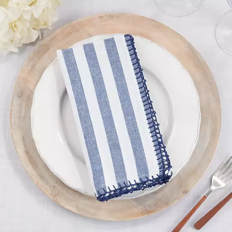 Kirklands Home Blue Striped Whipstich Napkins, Set of 4 New