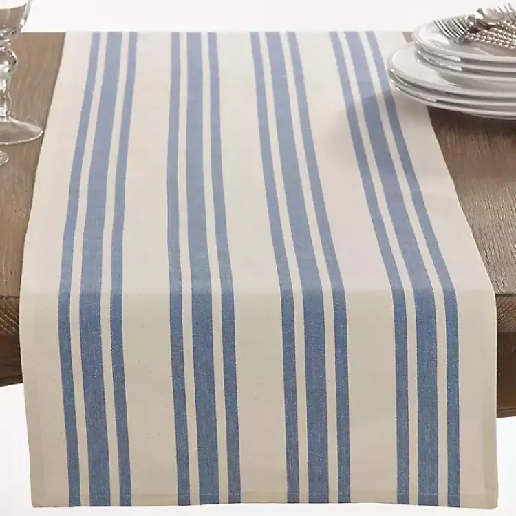 Kirklands Home Blue Thick Stripe Oblong Table Runner