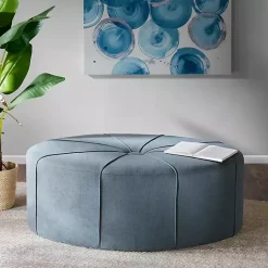 Kirklands Home Thick Welting Center Button Oval Ottoman Blue Hot