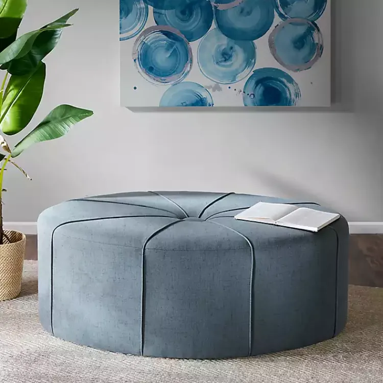 Kirklands Home Thick Welting Center Button Oval Ottoman Blue Hot