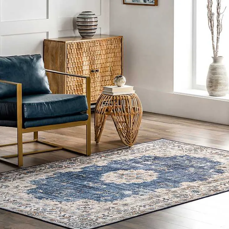 Kirklands Home Vintage Floral Washable Area Rug, 5x8 Blue New
