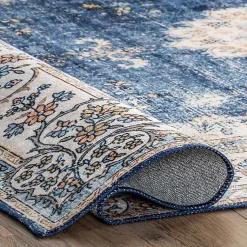 Kirklands Home Vintage Floral Washable Area Rug, 5x8 Blue New