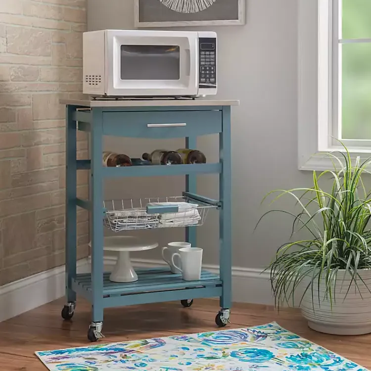 Kirklands Home Wood and Stainless Steel Kitchen Cart Blue Sale