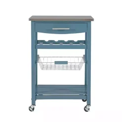 Kirklands Home Wood and Stainless Steel Kitchen Cart Blue Sale