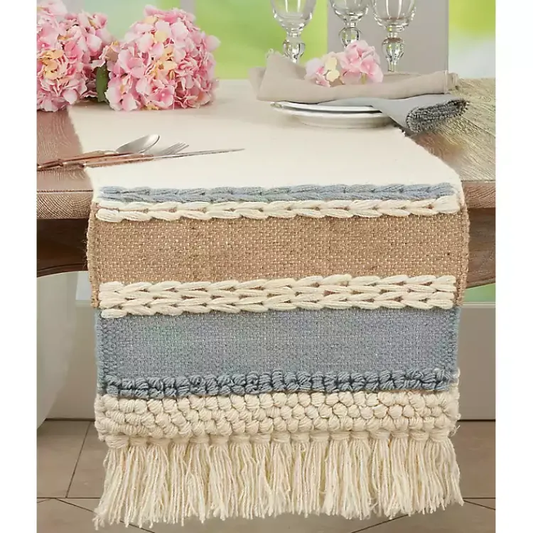 Kirklands Home Boho Blue and Cream Woven Wool Table Runner New