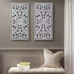 Kirklands Home Botanical Wood Carved Panel Wall Plaques, Set of 2 White Clearance
