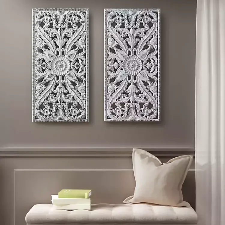 Kirklands Home Botanical Wood Carved Panel Wall Plaques, Set of 2 White Clearance